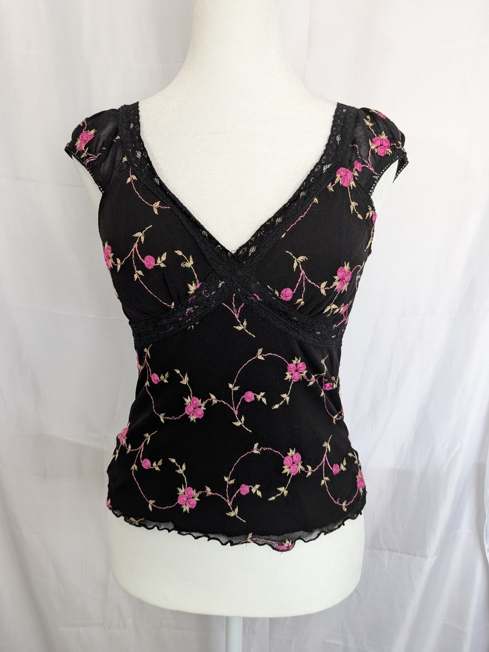 VTG Forever 21 Y2K Embroidered Floral Mesh Overlay Top Small | Pink Roses USA